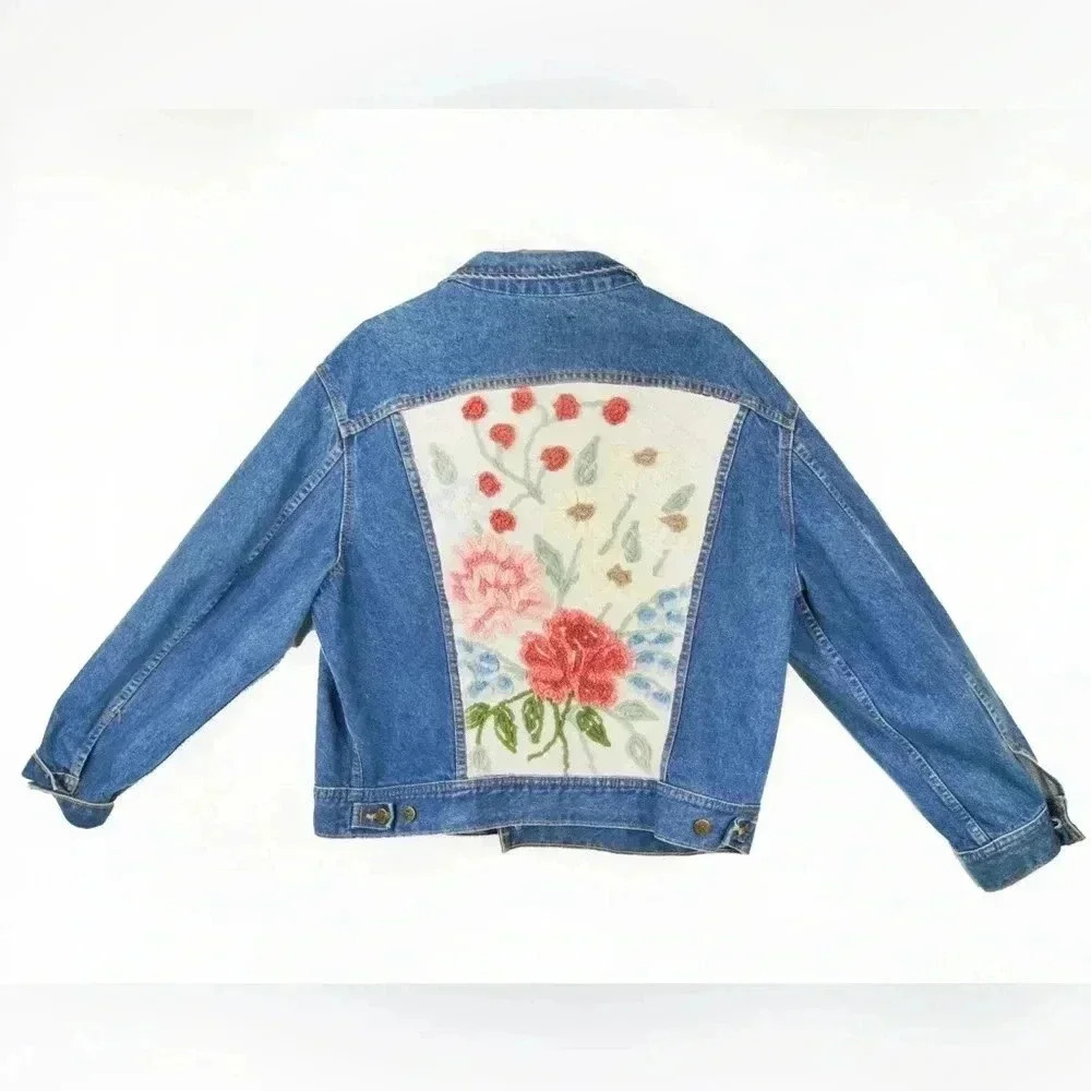Vintage Blue Jean Jacket with Floral Embroidery